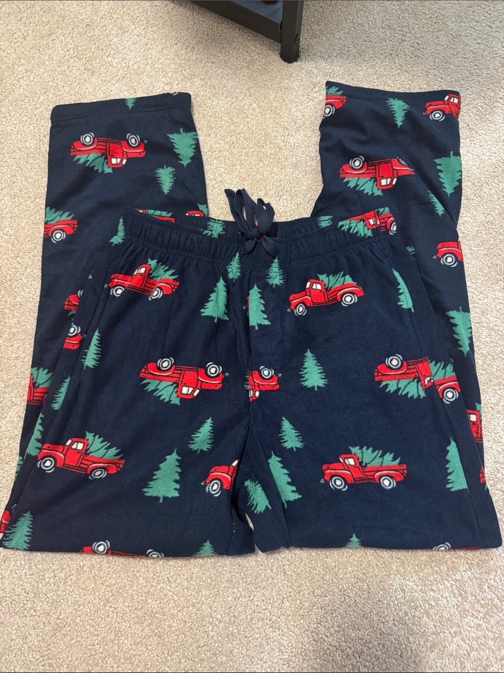 Mens Navy Blue Pajama Pants with Red Truck & Green Tree Print
